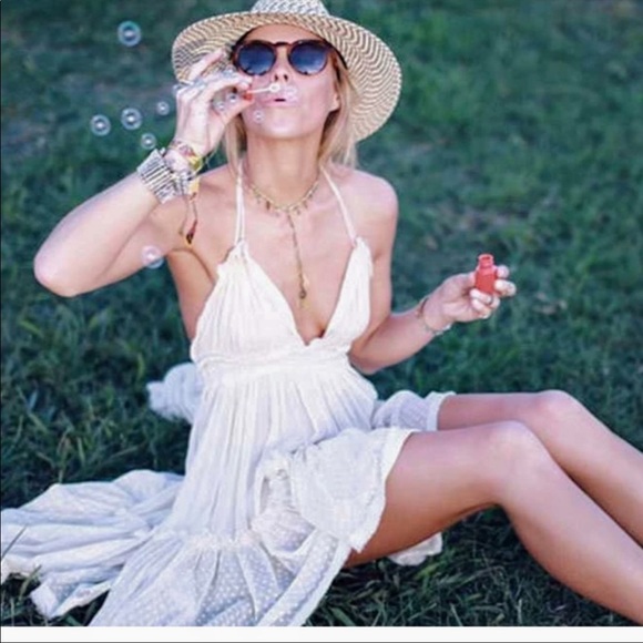 Boho Backless V Halter Swiss Dot Mini Dress Cream - Picture 6 of 7